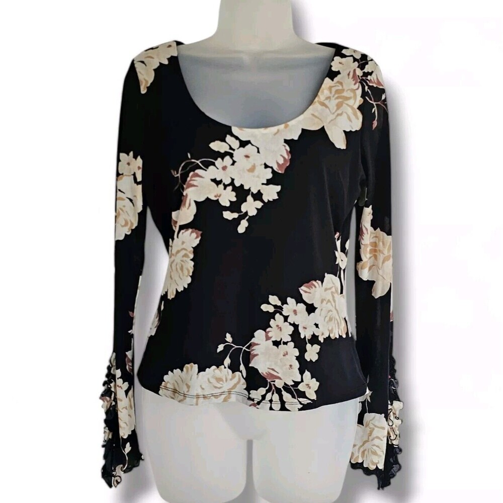 INC 90s Y2K Black Floral Mesh Top Size M Ruffle Sleeve Whimsigoth Fairy Grunge